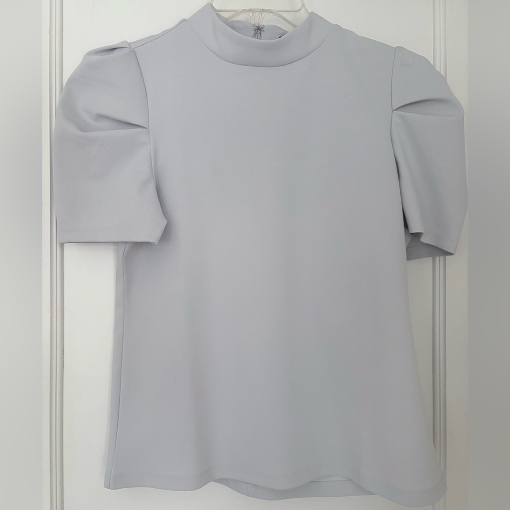 Ann Taylor Light Gray Puff Sleeve Mock Neck Top